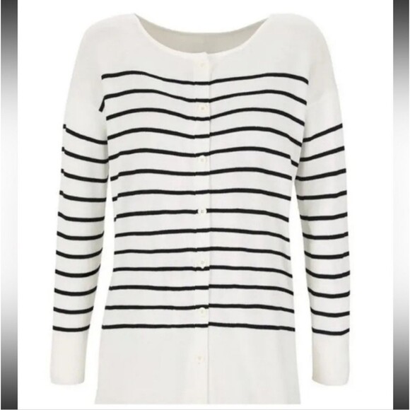 CABI Turnabout Button Up Cardigan Cream & Black Stripes Size M - Picture 1 of 12